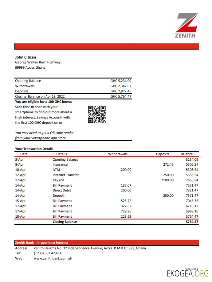 Relevé bancaire du Ghana Zenith